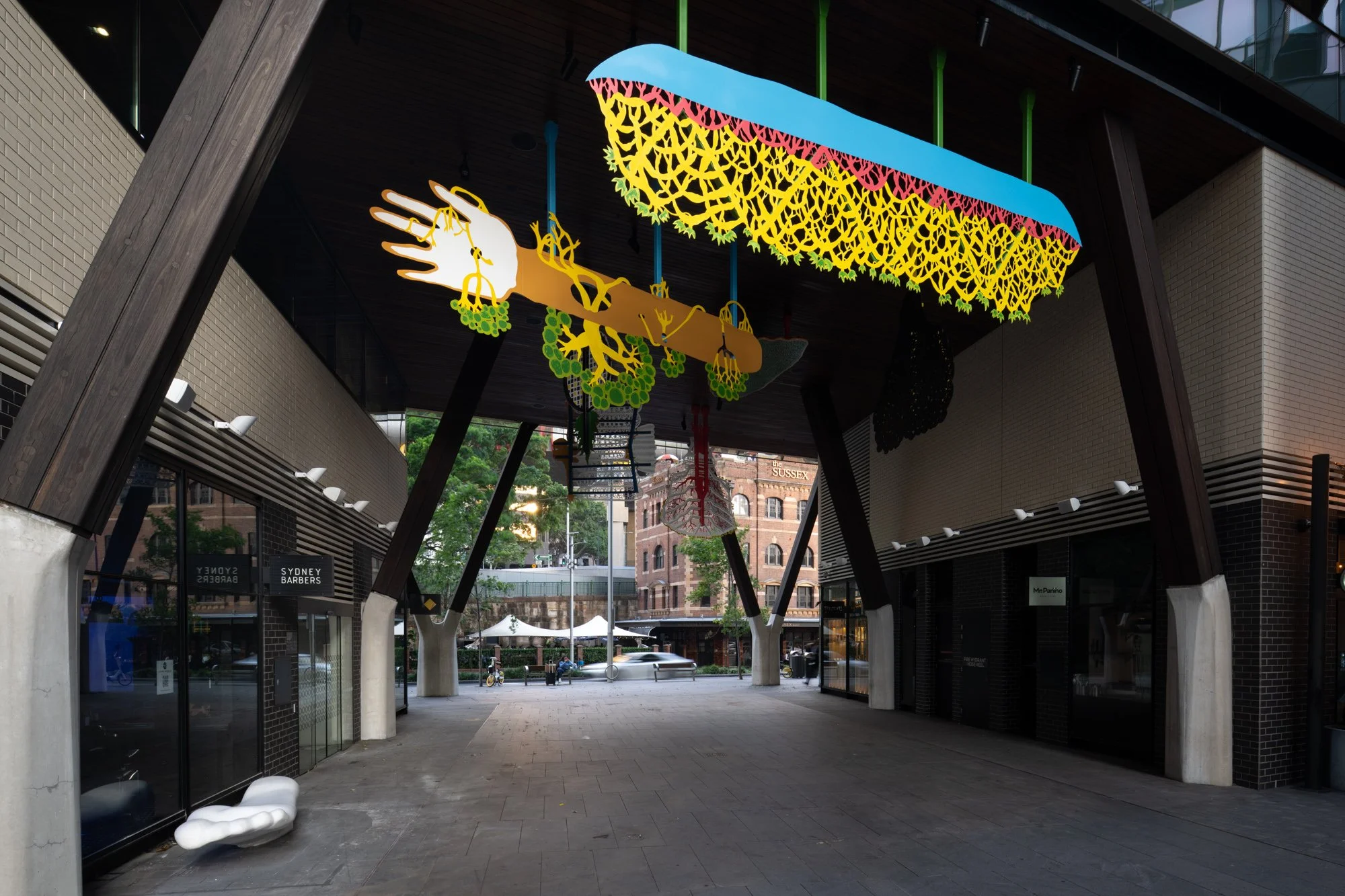 Installation image of artwork by Jumaadi called Upside-Down Garden installed at Barangaroo in December 2025. Curated by Holly Williams and Glenn Barkley.