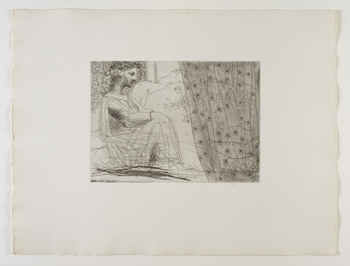 Marie-Thérèse, en Vestale, veillant le Minotaure endormi Marie-Therese 就如維納斯⼥女神般看著沉睡的 ⽶米諾陶洛斯⼈人 ⾝身⽜牛頭怪 Etching, 1933 / Bloch 193; Baer 352 third state of three, III.B.c (of III.B.d); S.V. 86 Stamped on the reverse 'H.P SV'. Image Size : 19.2 x 26.8 cm (7.56 x 10.55 in) Sheet Size : 38.2 x 50.4 cm (15.04 x 19.84 in)