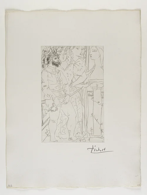 Trois Comédiens avec Buste de Marie-Thérèse 三名演員及 Marie-Therese 半⾝身像 Drypoint, 1933 Bloch 145; Baer 296 second state of two, II.B.c (of II.B.d); S.V. 77; HP 342 Image Size : 27.8 x 18.4 cm (10.94 x 7.24 in) / Sheet Size : 50.1 x 38.5 cm (19.72 x 15.16 in)