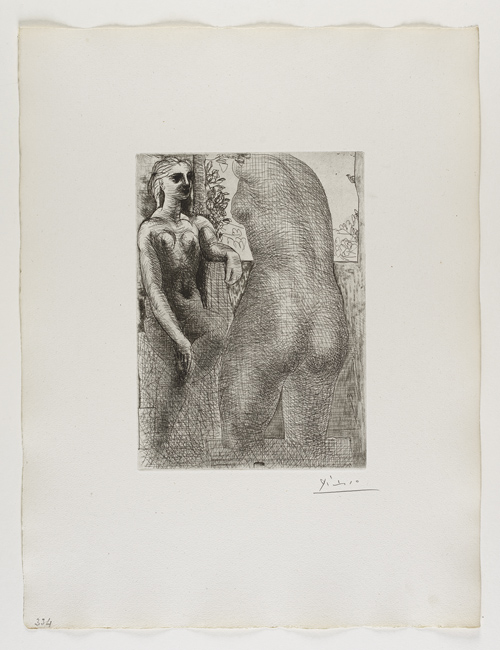 Marie-Thérèse regardant son Corps sculpté Marie-Therese 凝望⾃自⼰己的胴體雕塑 Etching, 1933 Bloch 186; Baer 345 fourth state of four, IV.B.c (of IV.B.d.); S.V.73; HP 334 Image Size : 26.7 x 19.3 cm (10.51 x 7.6 in) / Sheet Size : 50.4 x 38.3 cm (19.84 x 15.08 in)