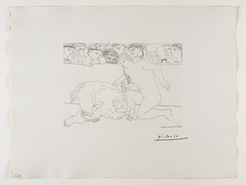 Dans l'arène, jeune Homme achevant le Minotaure 年輕⼈人在⾾鬥⽜牛場內殺死 ⽶米諾陶洛斯 Etching, 1933 / Bloch 197; Baer 365 only state, B.c (of B.d.); S.V. 89; HP 359 Image Size : 19.4 x 26.9 cm (7.64 x 10.59 in) Sheet Size : 38.4 x 50.3 cm (15.12 x 19.8 in)