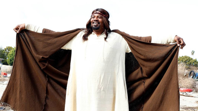 Gerald "Slink" Johnson as Black Jesus, in Aaron McGruder's live action sitcom on Adult Swim.