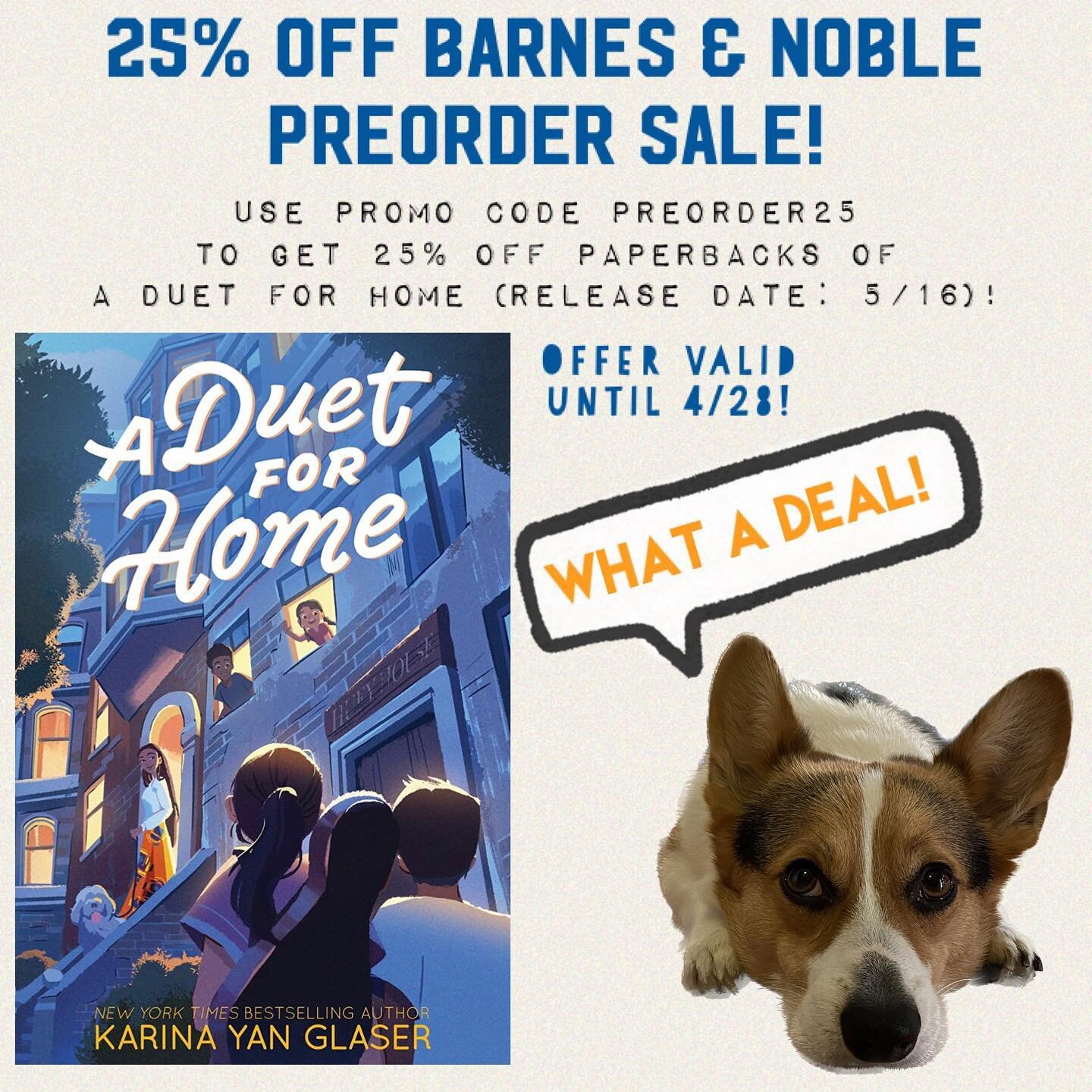 Barnes and Noble is holding it&rsquo;s 25% off preorder sale, and what great timing because 🎶A DUET FOR HOME🎶 paperbacks are coming next month! Lalo thinks this is a great deal! 👍🏼 Use promo code PREORDER25 when you check out. Link in profile!