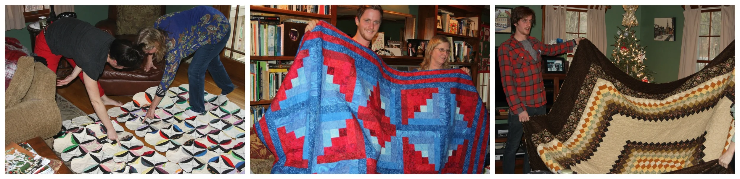 Meghan, Kevin, and Peter seeing their quilts for the first time.
