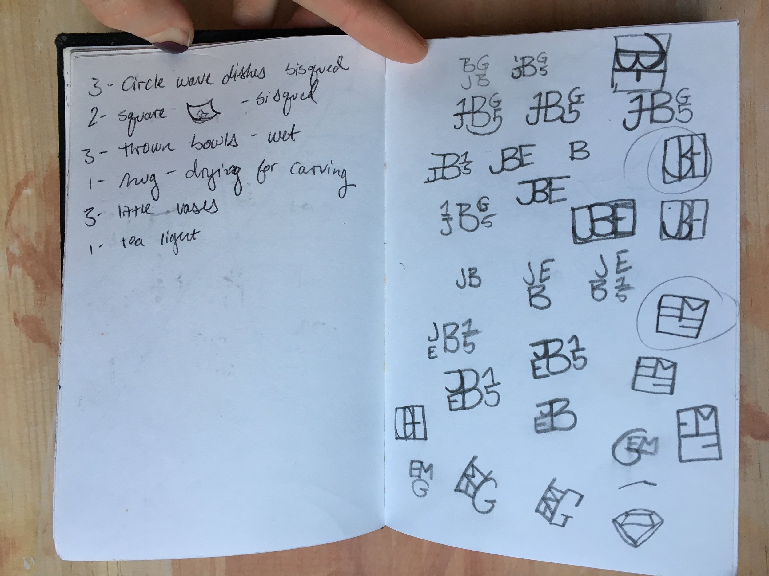 Here are some scribbles where I'm trying to figure out a signature symbol to carve into my pieces and also some that I was going to use while I was considering making a ton of vases for my wedding, so I was looking for a second symbol that pulled in elements from the names of both Jeff and myself. I then realized that was insane to make that many vases so killed that project. On the left side is me trying to keep track of pieces I had in process moving through the studio.