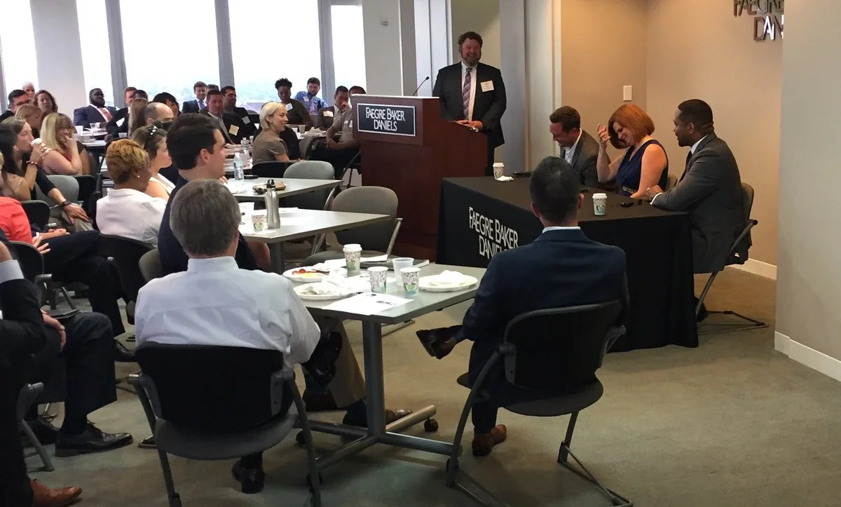 Rep. Forestal (D-Indianapolis), City-County Councillor Fanning, and Sen. Melton address Pancakes & Politics attendees. (Credit: @IndyChamber) 