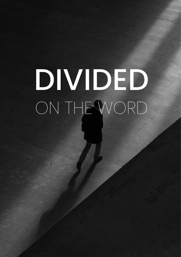Divided on the Word — the original black-and-white portrait artwork of a solitary figure in light and shadow.