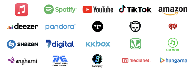 Music streaming platforms, including Apple Music, Spotify, YouTube, Amazon Music, Deezer, and Pandora.