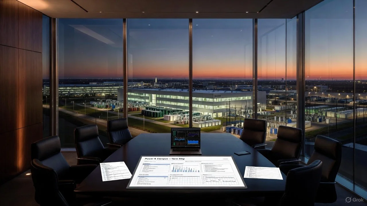 A modern conference room with large glass windows showing a cityscape at sunset, a long table with black chairs, a laptop, and documents.