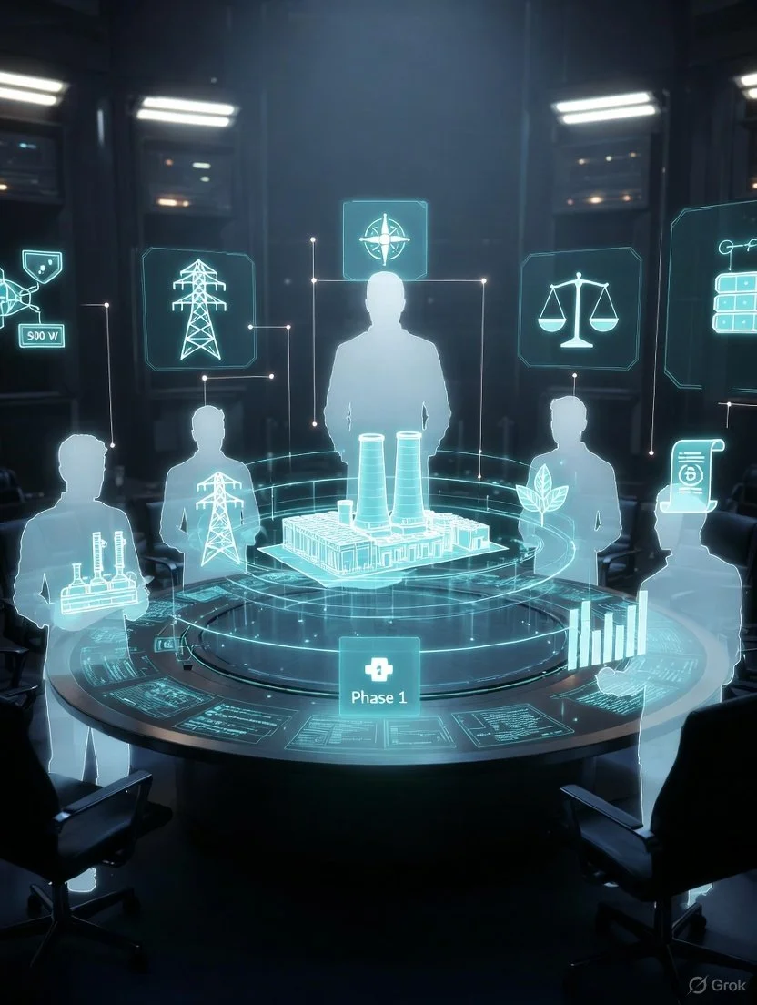 A holographic display shows a group of people and various icons related to energy, environment, and scale, centered around a factory with cooling towers. The scene appears to be a futuristic control room or meeting space.