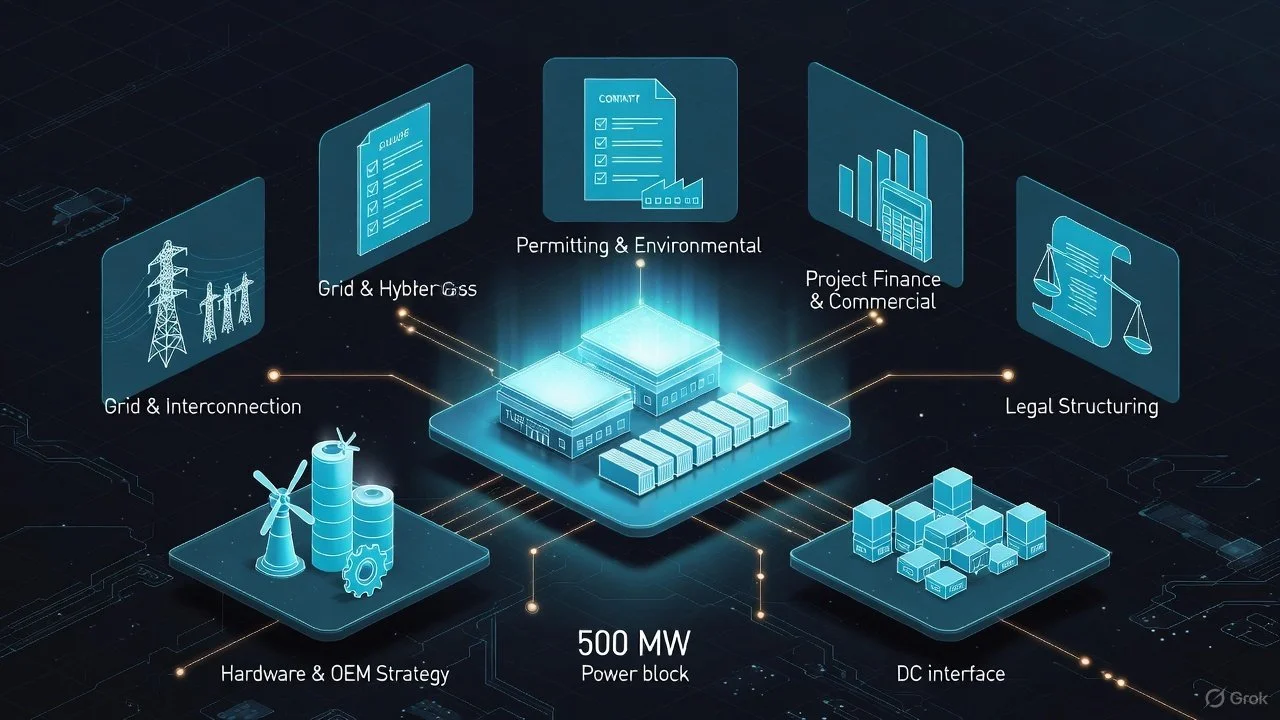 Diagram of a power plant and its components. Central image shows a power block labeled '500 MW' with interconnected modules. Surrounding icons represent grid and interconnection, hardware and OEM strategy, permitting and environmental processes, project finance and commercial, legal structuring, and DC interface.