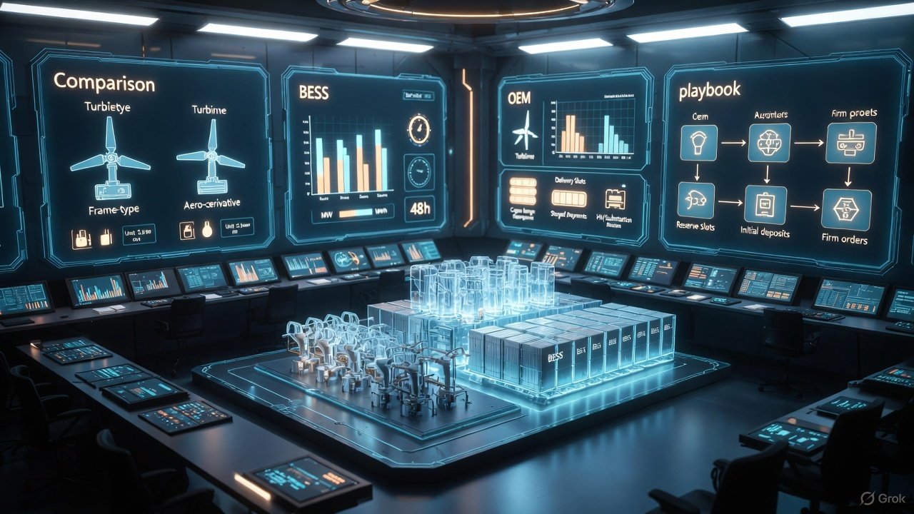 Futuristic control room with large digital screens displaying graphs, charts, and technical data related to wind turbines and energy production, with a detailed scale model of wind turbines and equipment in the center.