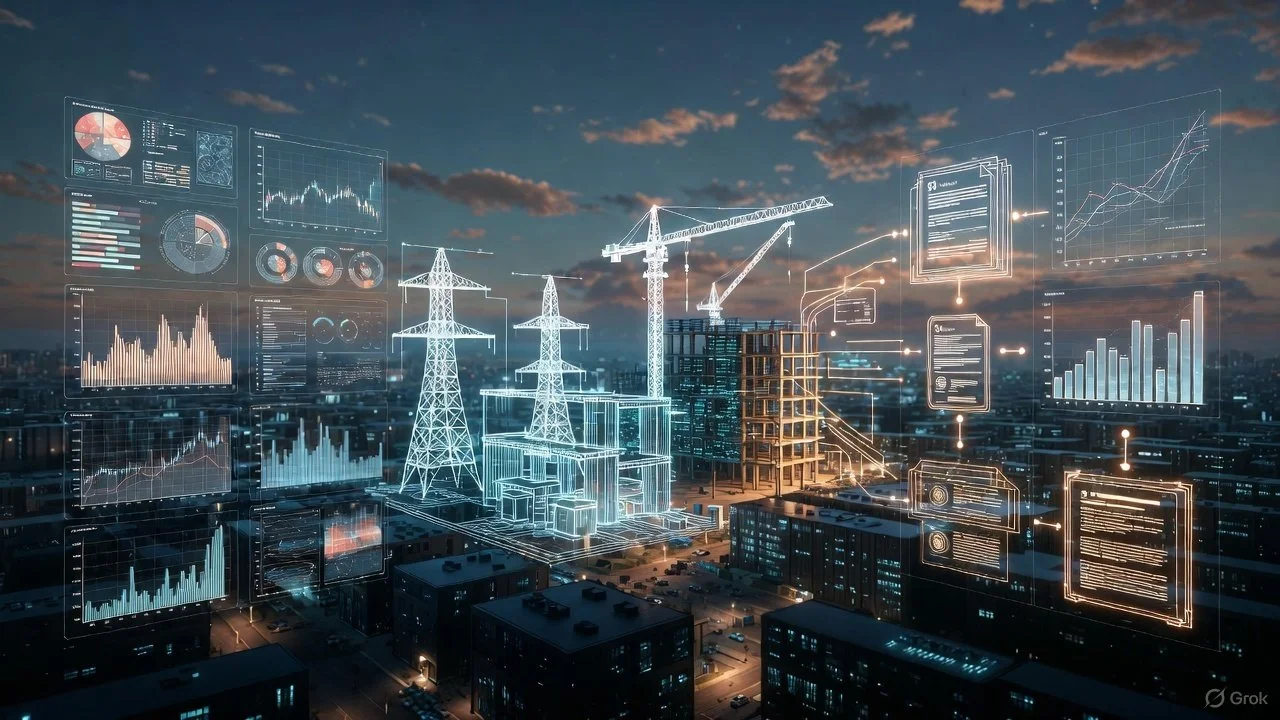 Cityscape at dusk with holographic digital charts, graphs, and construction diagrams overlaid, illustrating smart city infrastructure and data analytics.