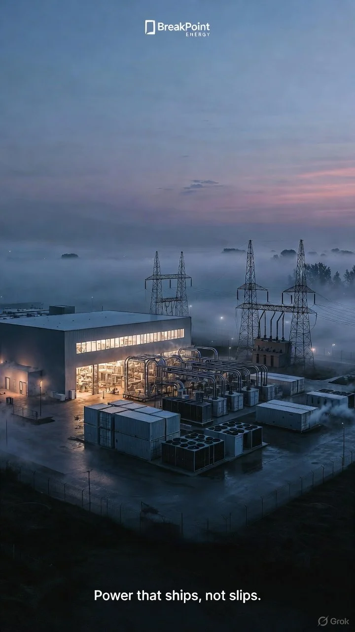 An industrial power station at dawn with fog and mist, showing electrical towers, buildings, and backup cooling units, with a caption 'Power that ships, not slips.'