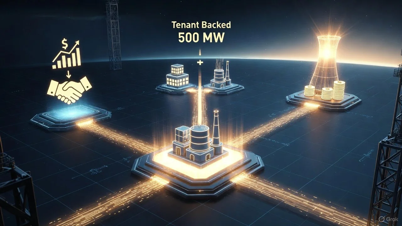 Graphic illustration of a data center or power plant with interconnected facilities, including a cooling tower, industrial buildings, and stacks, with glowing lines representing energy transfer. Text indicates a 500 MW capacity backed by a tenant.