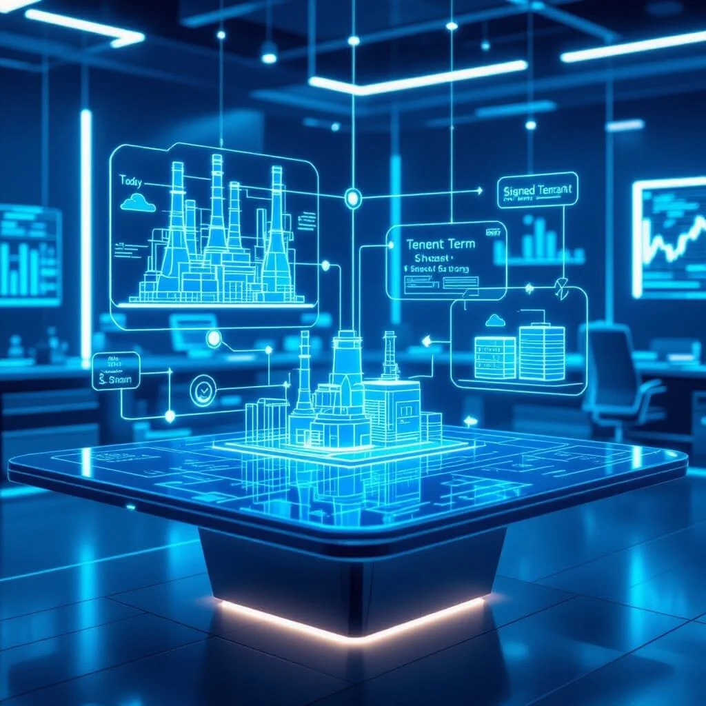 Futuristic digital holographic display of a factory, graphs, and data charts on a high-tech table in a high-tech control room