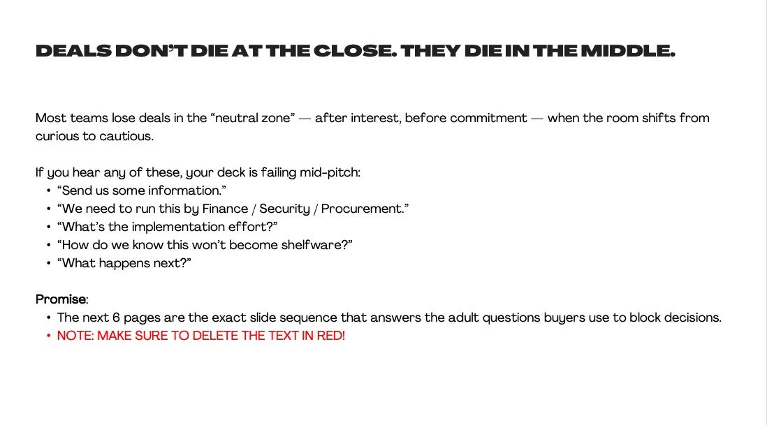 Document titled "Deals Don’t Die at the Close. They Die in the Middle." discussing common mid-pitch objections in sales and promising the next six pages will contain the slide sequence answering adult buyer questions, with a note in red to delete the red text.