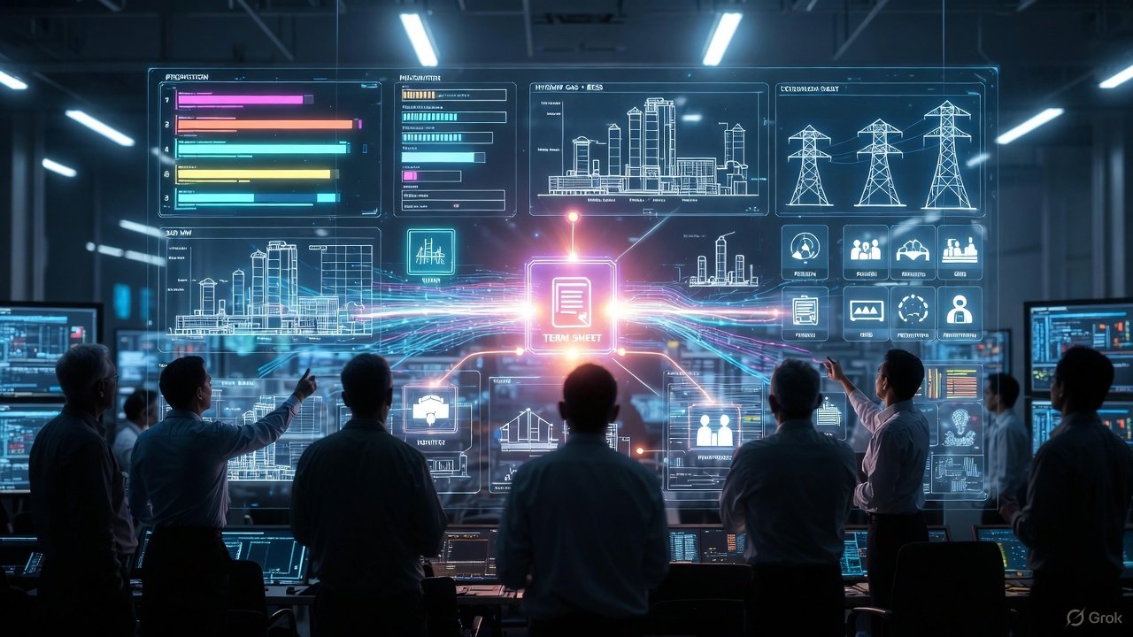 Group of people standing in front of a large high-tech digital display with charts, graphs, and data visualization related to power, energy, and infrastructure.