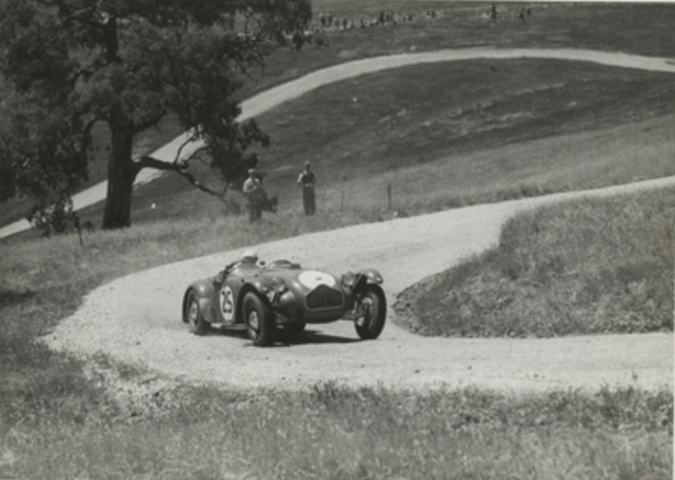 Tom Hawkes caresses his powerful Allard around the twisty, challenging gravel confines of South Australia’s Collingrove Hillclimb at its inaugural, public, 15 March 1952 meeting…1st in the over 1500cc Sports Car class. (State Library of South Australia)