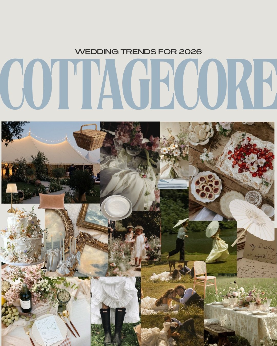 The cottagecore aesthetic creates a wedding day that feels like a modern fairy tale, bringing together a mix of joyous whimsy with heritage-inspired luxury and is one of our favourite predictions for 2026 wedding trends!

The overall design language 