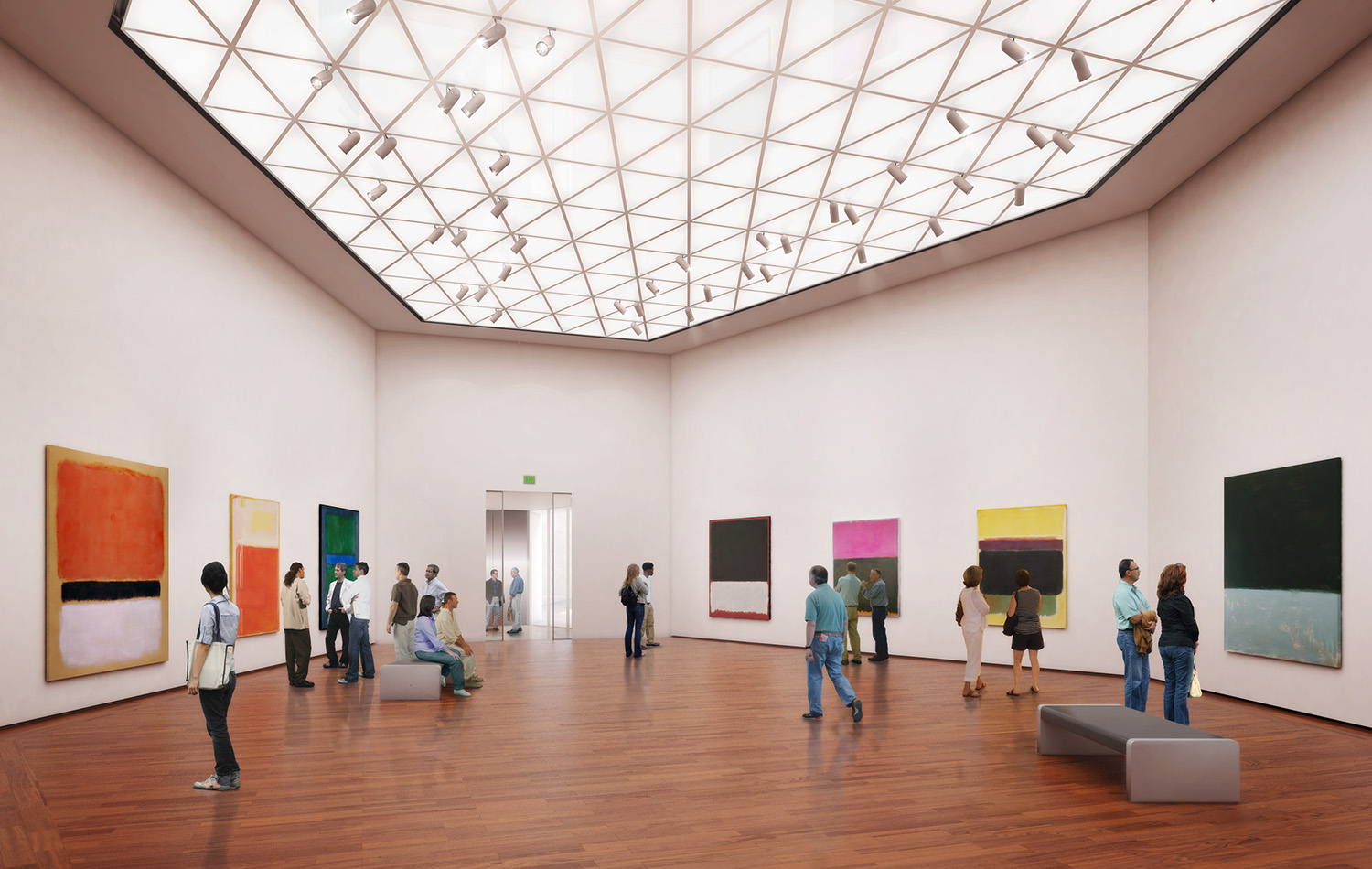 Rendering of the interior of the new Pod 1 Tower Gallery in the National Gallery of Art East Building, featuring works by Mark Rothko from the permanent collection of modern and contemporary art.