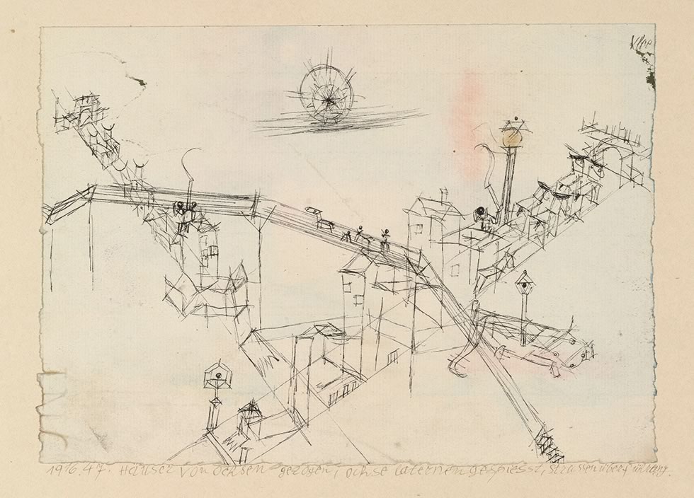 Paul Klee Häuser von Ochsen gezogen, Ochse laternengespiesst, Strassenüberführung , 1916, 47; Houses Drawn by Oxen, Ox Speared by Lantern, Overpass , Feder auf Papier auf Karton, pen on paper on cardboard, 15,3 x 21,6 cm, The Museum of Modern Art, New York, A. Conger Goodyear Fund © 2016. Digital image, The Museum of Modern Art, New York/Scala, Florence