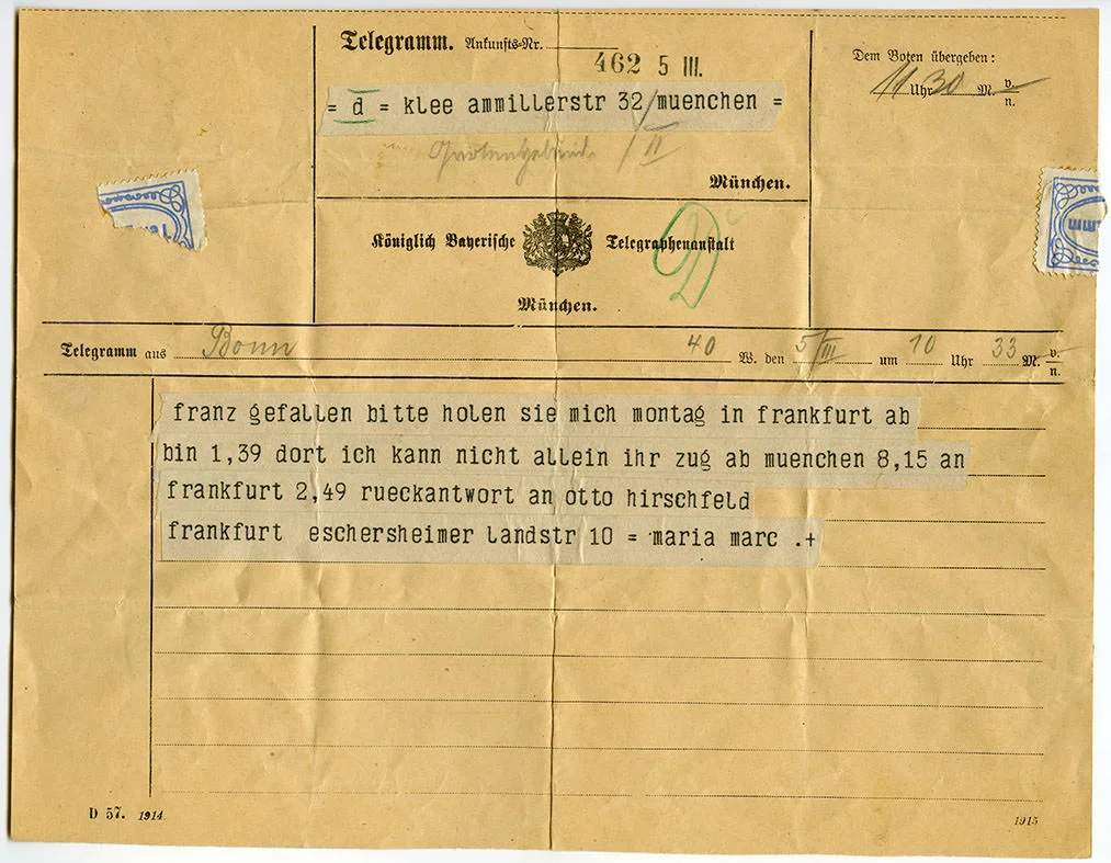 Abb. 1 Telegramm von Maria Marc an Paul und Lily Klee , 5.3.1916, Schenkung der Familie Klee, Zentrum Paul Klee, Bern, © Zentrum Paul Klee, Bern, Bildarchiv