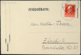 Abb. I Paul Klee aus Schleissheim an Tristan Tzara in Zürich, 23.11.1916, Feldpostkarte (Adressseite), Bibliothèque littéraire Jacques Doucet, Paris © Bibliothèque littéraire Jacques Doucet, Paris