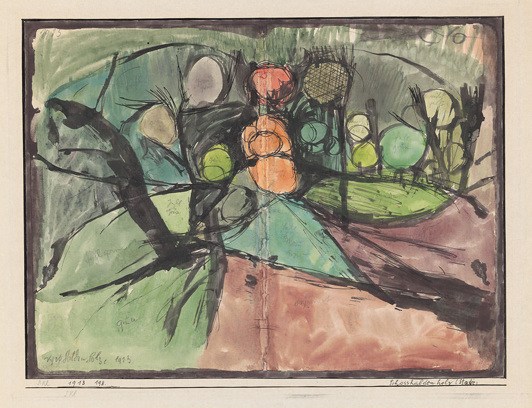 Abb. 15 Paul Klee, Schosshaldenholz (Studie), 1913, 198 , Feder, Pinsel, Bleistift und Aquarell auf Papier auf Karton , 21,8 x 29,2 cm , Privatbesitz Schweiz, Depositum im Zentrum Paul Klee, Bern ©Zentrum Paul Klee, Bern, Bildarchiv