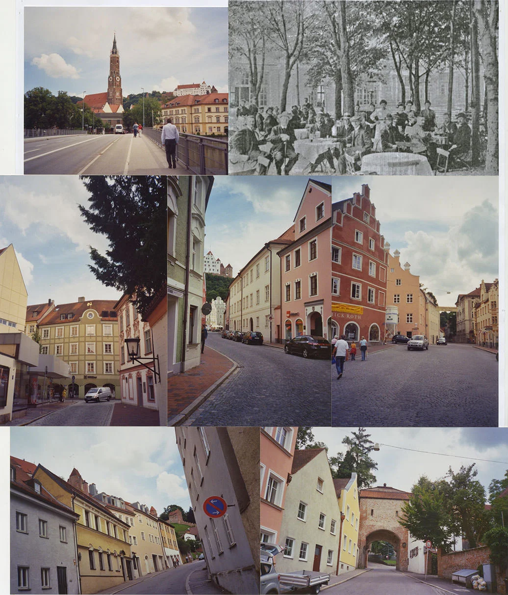 Abb. 18 »Der Marsch nach Salzdorf« (Oben) Über die Isar zum Heißgarten (rechts: Foto von 1911, wiederabgedruckt in: Landshuter Zeitung, 1.12.1990) – Mitte) durch die obere Ländgasse – über den Dreifaltigkeitsplatz (Unten) in die alte Bergstraße und durch das Burghausertor Fotograf: Joachim Jung 2010 © Joachim Jung