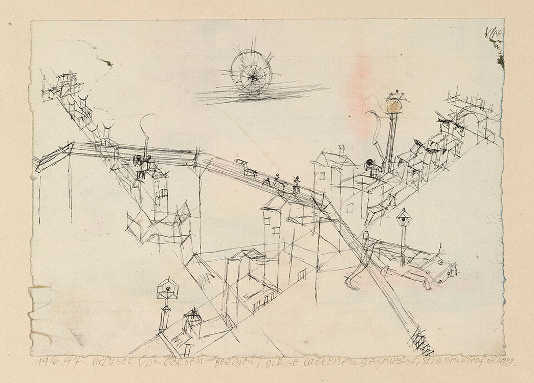 Abb. 22 Paul Klee, Häuser von Ochsen gezogen, Ochse laternengespiesst, Strassenüberführung, 1916, 47, Feder auf Papier auf Karton, 15,3 x 21,6 cm , The Museum of Modern Art, New York, A. Conger Goodyear Fund, DIGITAL IMAGE © 2016 The Museum of Modern Art/Scala, Florence