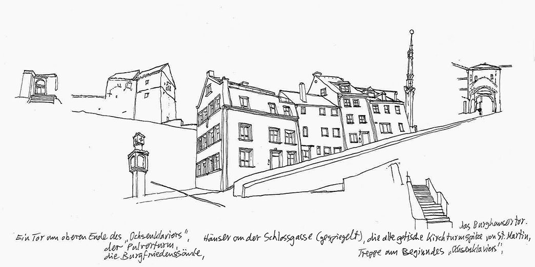 Abb. 25 Joachim Jung, Architekturstudie beim »Ochsenklavier« in Landshut, 2012, Federzeichnung ©Joachim Jung