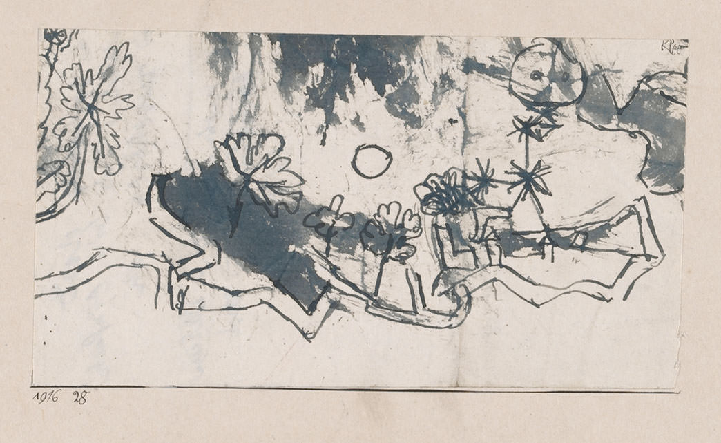 Abb. 33 Paul Klee, kl. Landschaft, <zwei Gestirne>, 1916, 28 , Feder und Pinsel auf Papier auf Karton , 7,8 x 14,1 cm , Zentrum Paul Klee, Bern © Zentrum Paul Klee, Bern, Bildarchiv