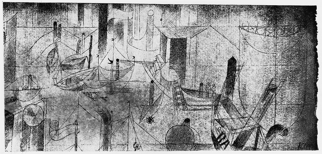 Abb. 51 Paul Klee, Hafenbild mit dem Schiff BA, 1916, 51 Feder und Aquarell auf Papier auf Karton , 9,6/9,2 x 21,5 cm , Privatbesitz, USA © Zentrum Paul Klee, Bern, Archiv