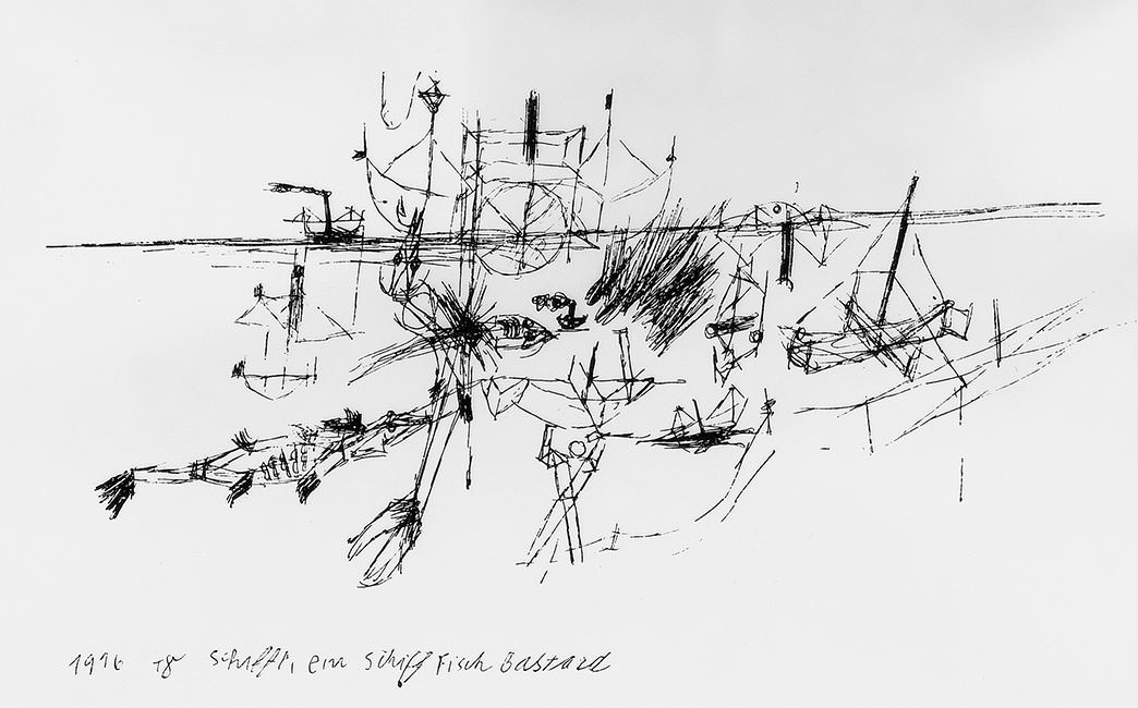 Abb. 56 Paul Klee, Schiffe, ein Schiff Fisch Bastard (OK: »Schiffe, ein Schiff-Fisch-Bastard«), 1916, 48 , Feder auf Papier auf Karton, Standort unbekannt © Zentrum Paul Klee, Bern, Archiv