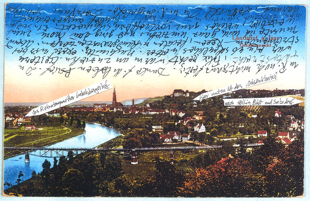 Abb. 61 Ansichtskarte von Paul Klee an Lily Klee (Landshut a. Isar, Gesamtansicht), 09.05.1916, Mit Hinweisen auf wichtige Ortschaften von Joachim Jung , Zentrum Paul Klee, Bern, Schenkung Familie Klee © Zentrum Paul Klee, Bern, Bildarchiv / Joachim Jung