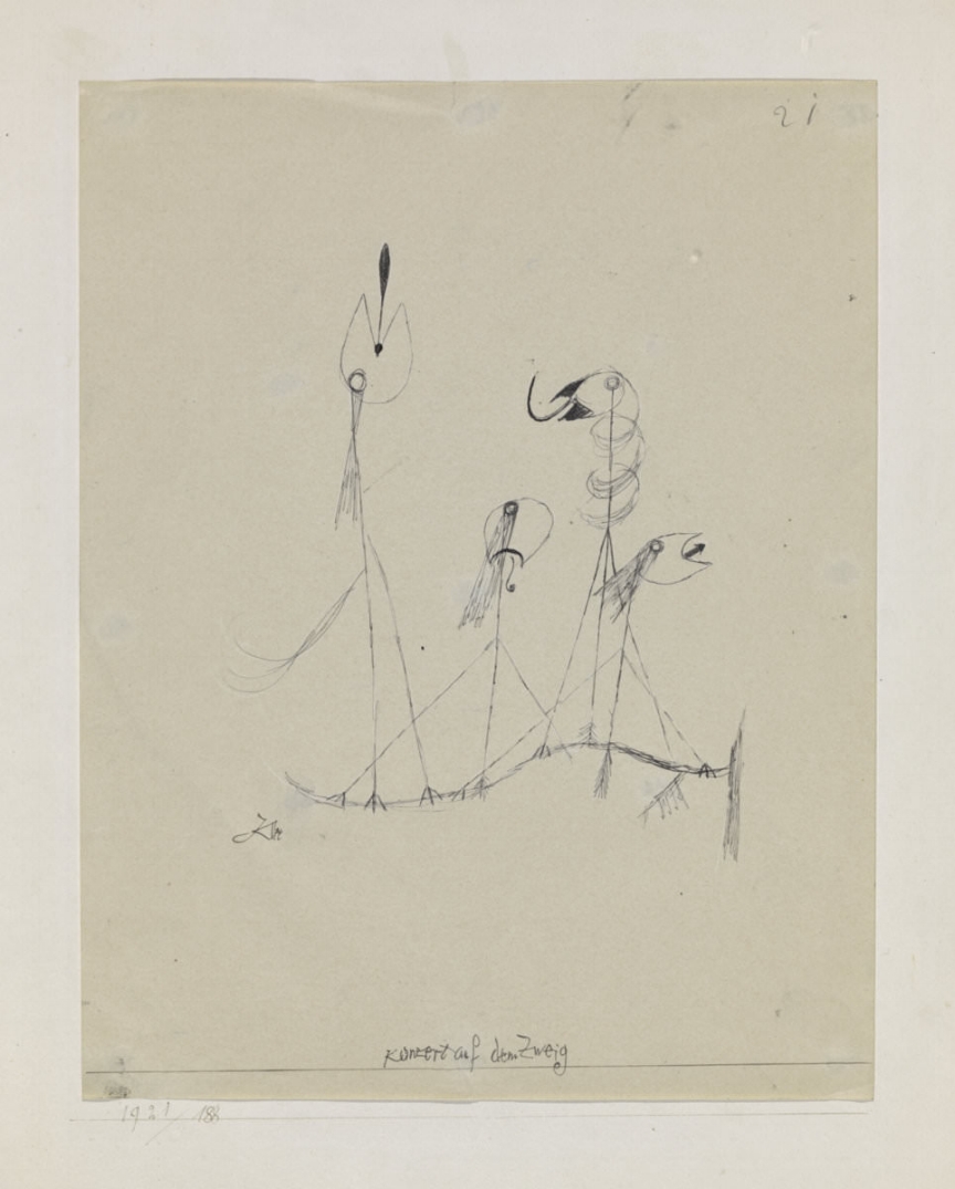Paul Klee Konzert auf dem Zweig, Concert on the Branch , 1921, 188, Feder, Konturen mit einer Nadel geritzt, auf Papier auf Karton 28,2 x 22 cm, Zentrum Paul Klee, Bern © Zentrum Paul Klee, Bern, Bildarchiv