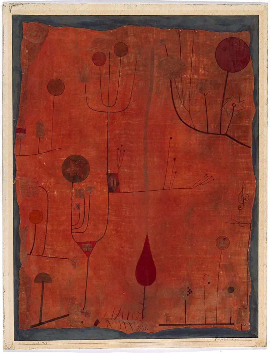Abb. 3 Paul Klee, Fruechte auf rot, 1930, 263, Aquarell, Pinsel und Feder auf Seide auf Karton, 61,2 x 46,2 cm, Städtische Galerie im Lenbachhaus München. © Städtische Galerie im Lenbachhaus und Kunstbau, München 