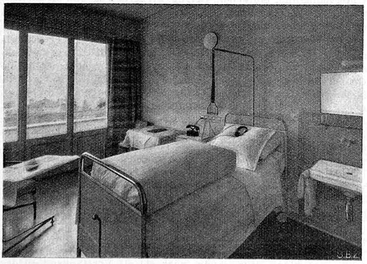  Abb.&nbsp;18  Krankenzimmer in der Klinik S. Agnese, Muralto , 1938, Fotograf: E. Steinemann, in: Schweizerische Bauzeitung 111/112 (1938), S.16, Abb. 7 