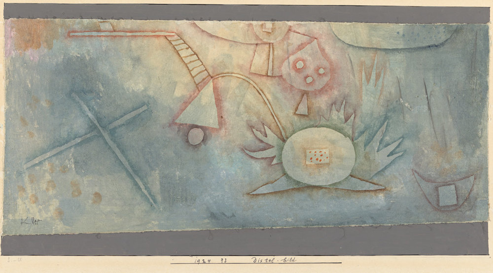   Fig. 1    Paul Klee,  Distel-bild , 1924, 73 [Thistle-painting] , gouache on canvas on paper on cardboard, 18/16,5 cm x 40,6 cm, ©National Gallery of Victoria, Melbourne, Inv.Nr. 2999-4.  