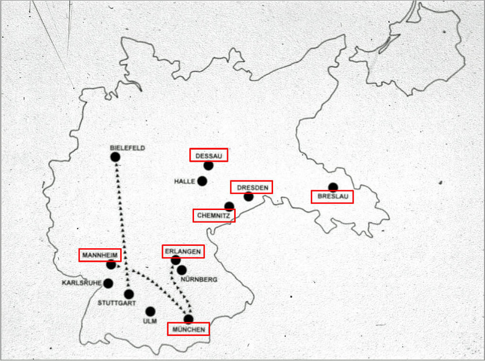  Abb. 2&nbsp;  Karte des Deutschen Reiches mit den Städten der »Schreckenskammern« (mit Markierungen der Orte, an denen Klee vertreten war) 