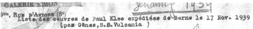  Abb.4 Liste des oevres de Paul Klee expédiées de Berne le 17. Nov. 1939, Galerie Simopn, Paris (Ausschnitt), Archiv Bürgi im Zentrum Paul Klee, Bern, Schenkung Familie Bürgi © Zentrum Paul Klee, Bern, Archiv 