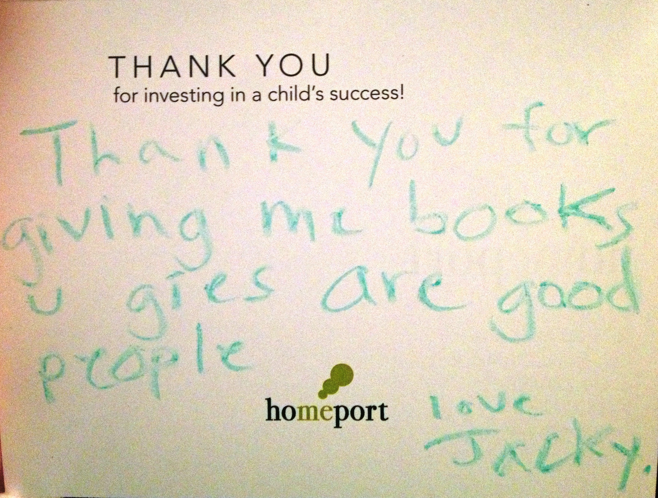 Thank you letter from Homeport resident in 2013