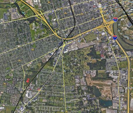 Red pin shows where Eakin Station homes will be built.