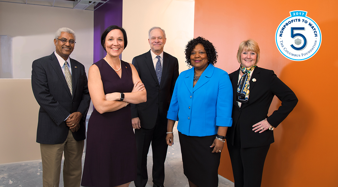 Leaders of Top 5 Non-Profits to Watch, left to right, Seleshi Asfaw, Executive Director, Ethiopian Tewahedo Social Services; Rachel Lustig, President and CEO, Catholic Social Services; Bruce Luecke, President and CEO, Homeport; Denise Robinson, President and CEO, Alvis; and Tammy Wharton, CEO, Girl Scouts of Ohio’s Heartland.