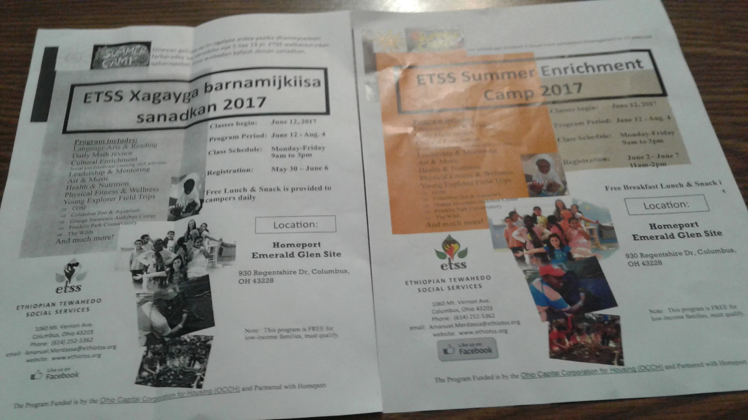 Summer camp registration information at Emerald Glen was available in Somali and English.