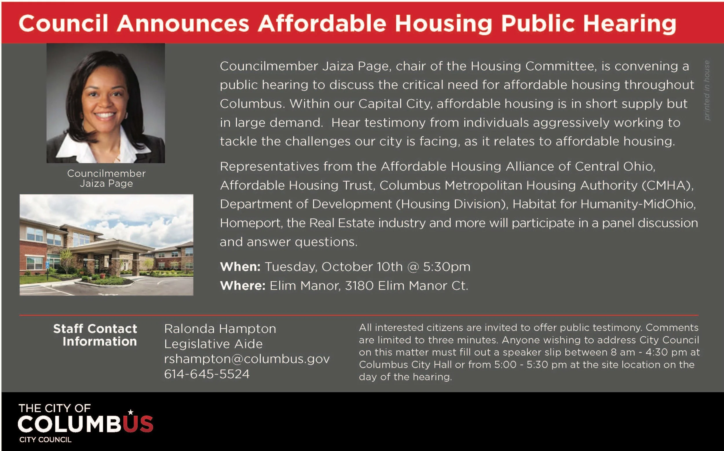 Invitation To Hearing Being Chaired by Columbus City Council Member Jaiza Page