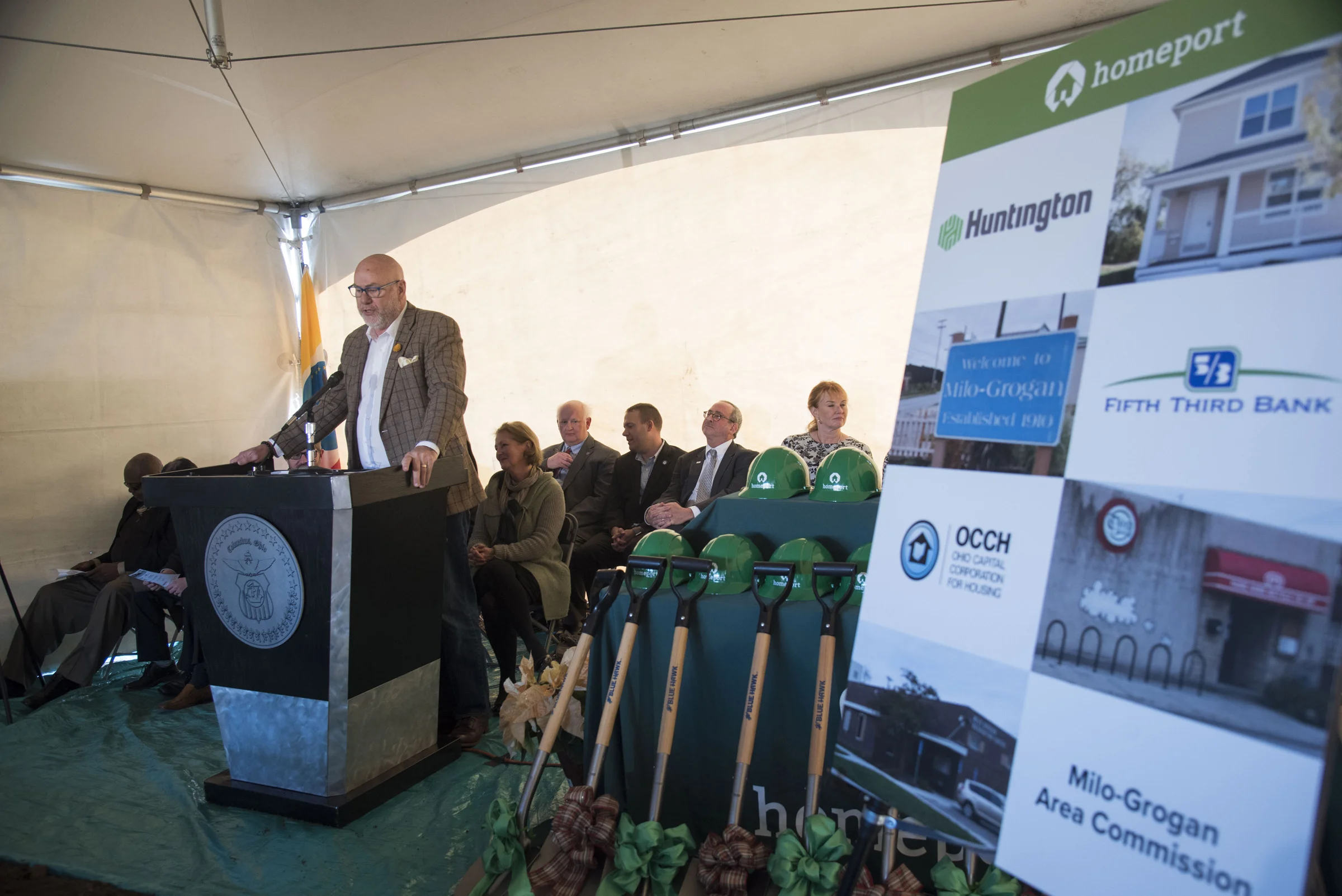 Steven D. Gladman, President, Affordable Housing Trust for Columbus and Franklin County, speaks at Milo-Grogan groundbreaking event in October 2017.