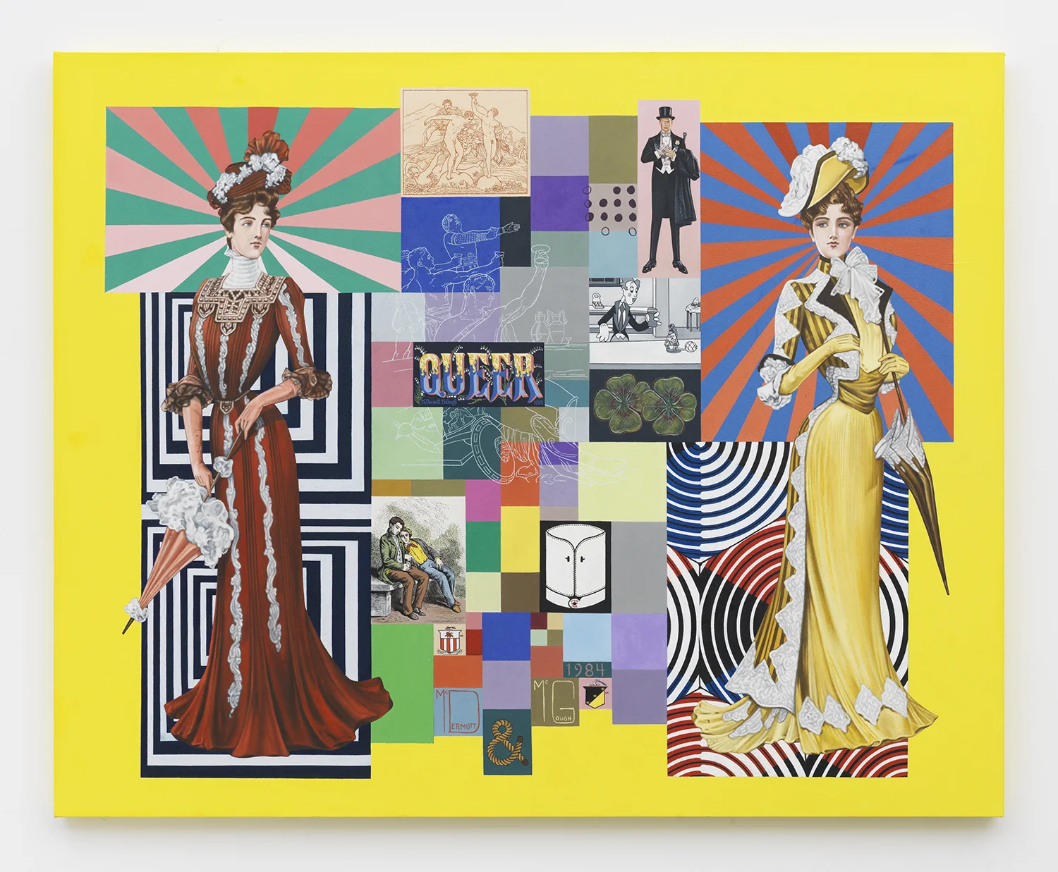 The timbre of their voices... and their feminesque mannerism: Elsie, Daisy, Queen Mary, Salome, Cinderella, Violet, Blossom, Edna May and Big Tess, 1984/ 2016, oil on linen, 48" x 60"
