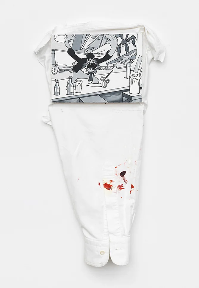 Raging/ Queer/ Faggot, 1984/ 2016, oil on cotton shirt sleeve, image size: 6" x 8", overall size: 22" x 10"